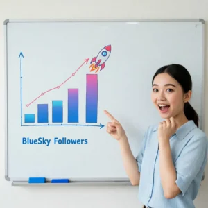 Eine Frau zeigt auf einer Grafik wie die Followerzahlen eines Bluesky Profils nach dem BlueSky Follower kaufen bei LikesAndMore in die Höhe schießen.
