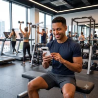 Mann repostet im Fitnessstudio einen Instagram Beitrag auf seinem Handy