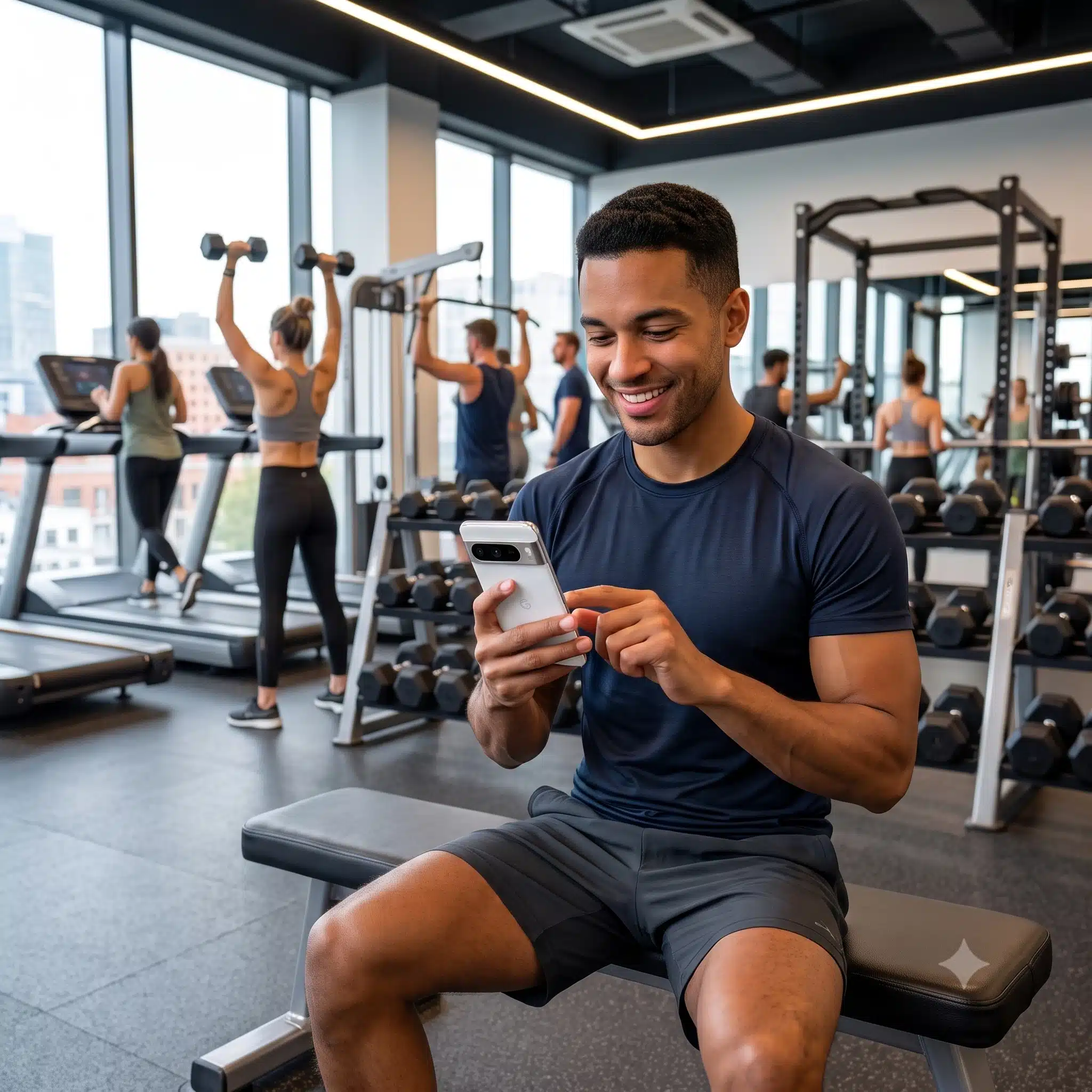 Mann repostet im Fitnessstudio einen Instagram Beitrag auf seinem Handy